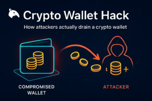 Editorial Snout0x hero showing a compromised wallet on the left losing gold tokens along a red curved arrow to a small abstract hooded attacker silhouette on the right.