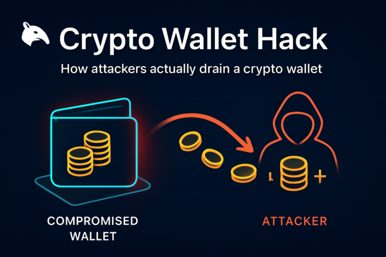Editorial Snout0x hero showing a compromised wallet on the left losing gold tokens along a red curved arrow to a small abstract hooded attacker silhouette on the right.