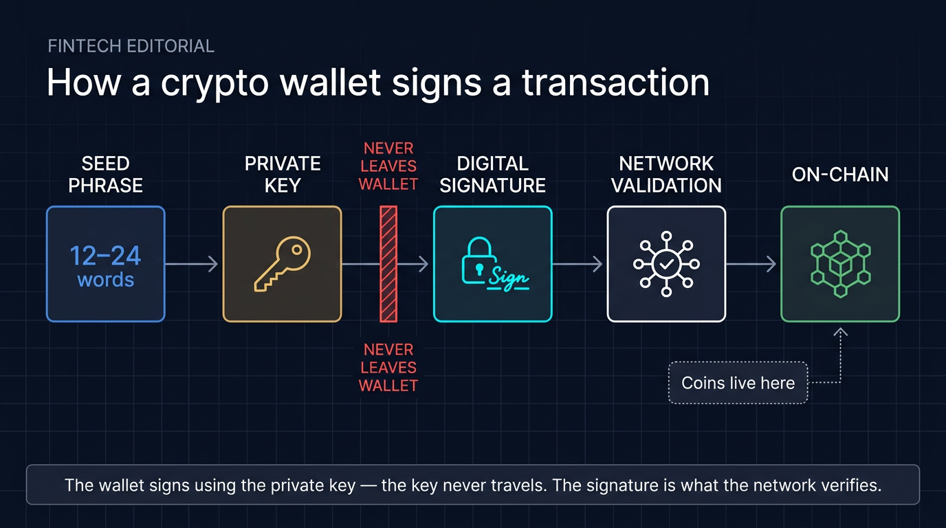 Diagram showing how a crypto wallet signs a transaction: seed phrase derives private keys, private key creates a digital signature for the transaction, network validates the signature against the public key and broadcasts to blockchain