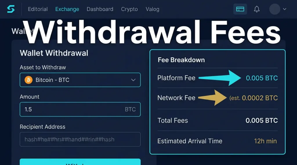 Withdrawal Fees in Crypto: Exchange Fee vs Network Fee 1 editorial diagram showing a crypto withdrawal screen with exchange fee and network fee comparison