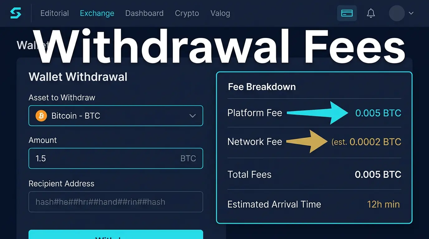 editorial diagram showing a crypto withdrawal screen with exchange fee and network fee comparison