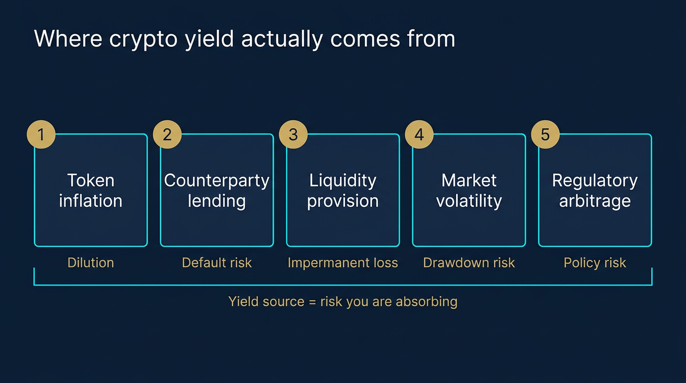 Diagram mapping the five structural sources of crypto yield to the underlying risk you absorb: token inflation to dilution, counterparty lending to default risk, liquidity provision to impermanent loss, market volatility to drawdown risk, regulatory arbitrage to policy risk