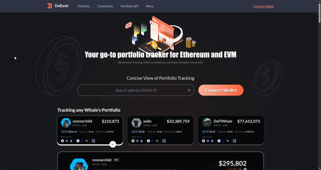 DeBank DeFi Portfolio Tracker for Ethereum and EVM Chains DeBank DeFi portfolio tracker dashboard showing Ethereum and EVM wallet portfolio tracking, whale addresses, and on-chain asset monitoring interface