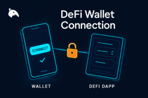 Editorial Snout0x hero showing a smartphone wallet on the left with a CONNECT button linked by a cyan beam with a closed gold padlock to a DeFi swap dApp panel on the right.