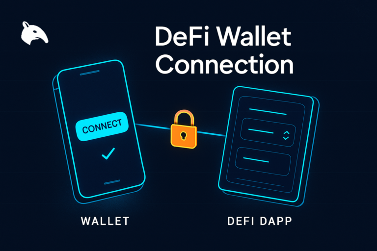 Editorial Snout0x hero showing a smartphone wallet on the left with a CONNECT button linked by a cyan beam with a closed gold padlock to a DeFi swap dApp panel on the right.