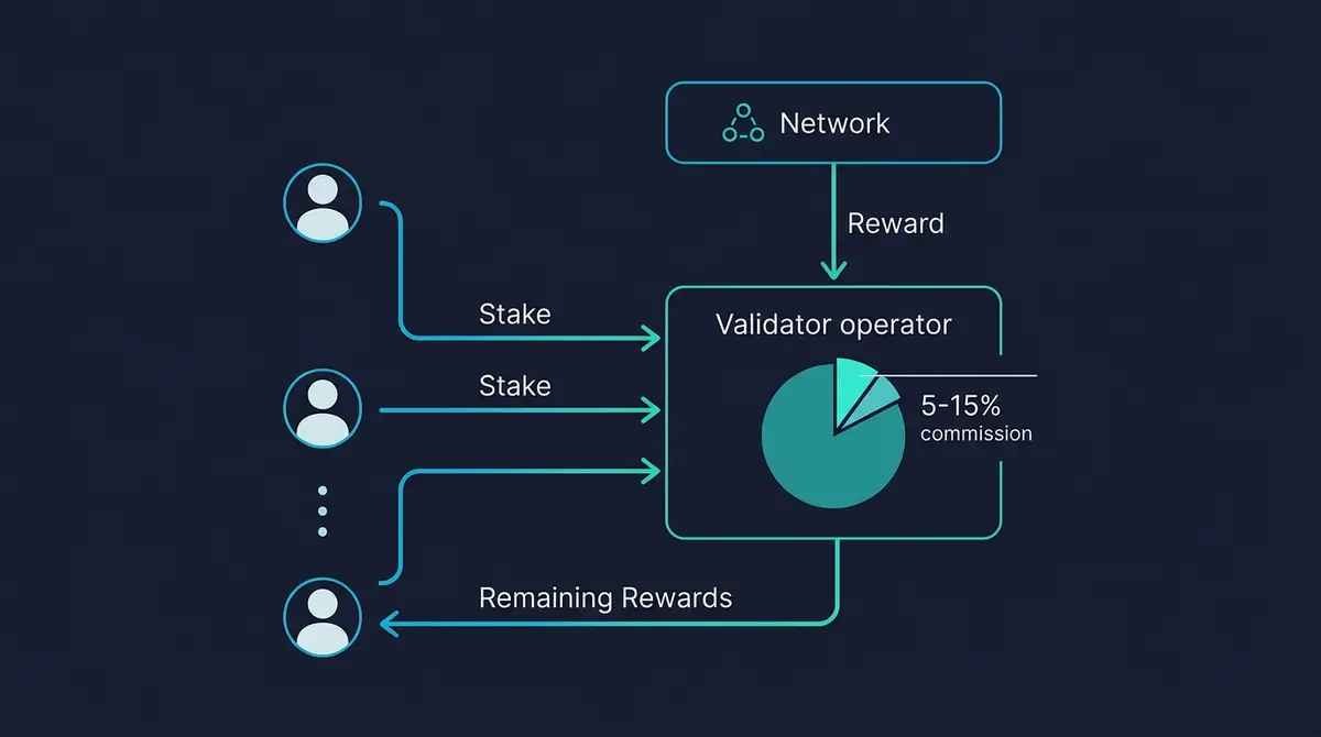 diagram showing stake delegation to a validator and reward split between delegator and operator