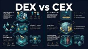 editorial comparison diagram showing the differences between decentralized and centralized crypto exchanges