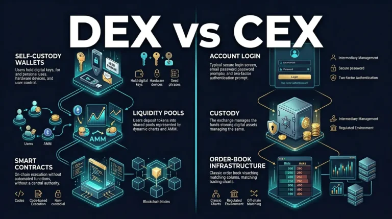 editorial comparison diagram showing the differences between decentralized and centralized crypto exchanges