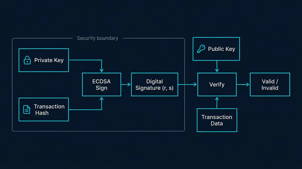 diagram of ECDSA digital signature flow from private key and transaction hash to signature output and verification