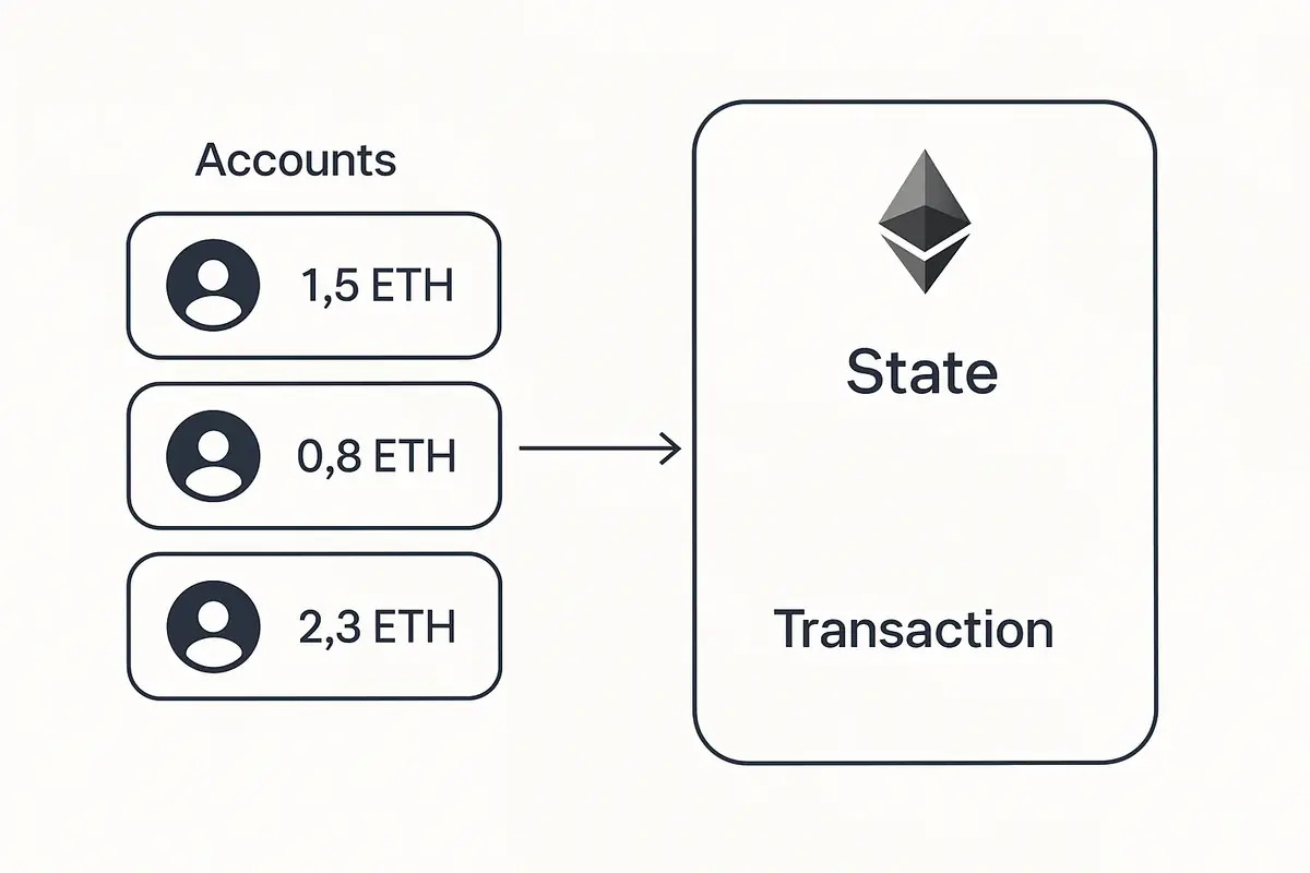 diagram showing Ethereum account model with persistent balances and state updates