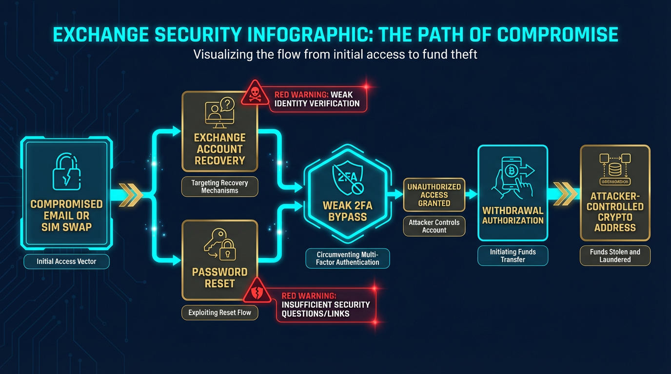 Exchange account takeover via recovery channels diagram showing exchange account takeover through compromised email or SIM swap recovery channels bypassing weak two factor and reaching withdrawal authorization