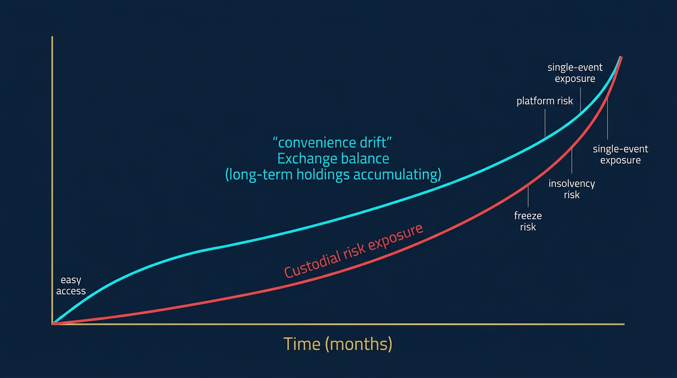 diagram showing exchange balance growing over time through convenience drift while custodial risk exposure compounds in parallel