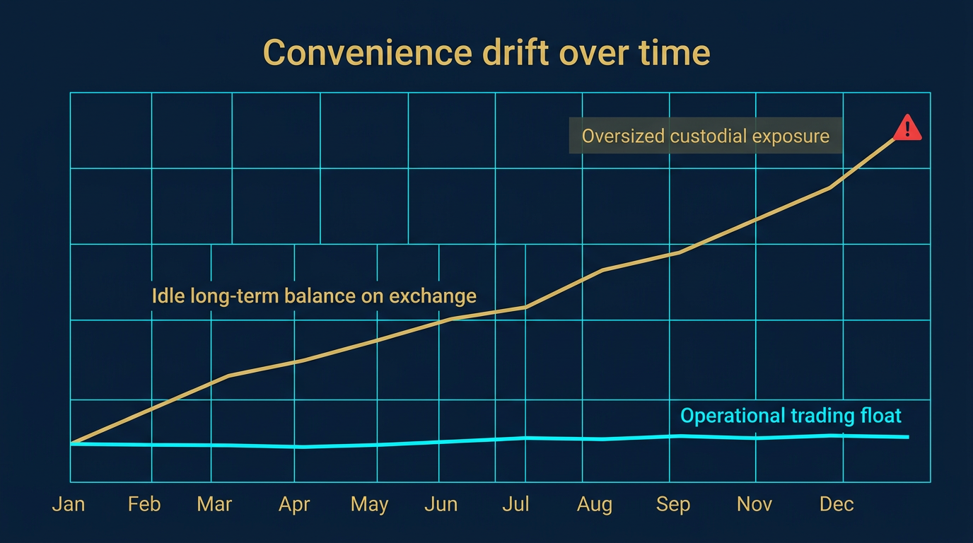 diagram showing convenience drift over time where the small operational trading float on an exchange stays roughly flat while the idle long-term balance held on the same platform grows steadily turning into oversized custodial exposure
