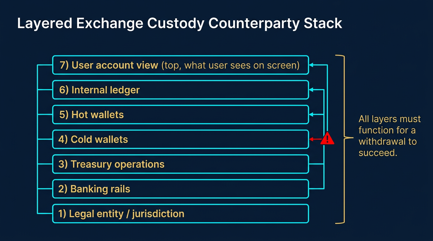 diagram showing the layered exchange custody counterparty stack from the user account view through the internal ledger platform-held hot and cold wallets treasury operations banking rails and legal entity layer that all must function for a withdrawal to succeed