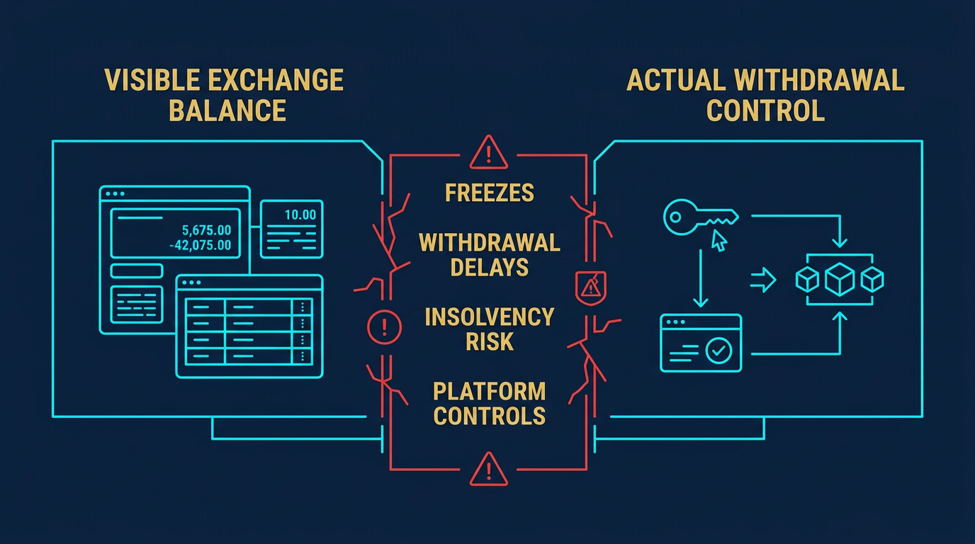diagram showing exchange balance visibility on one side and actual withdrawal control on the other