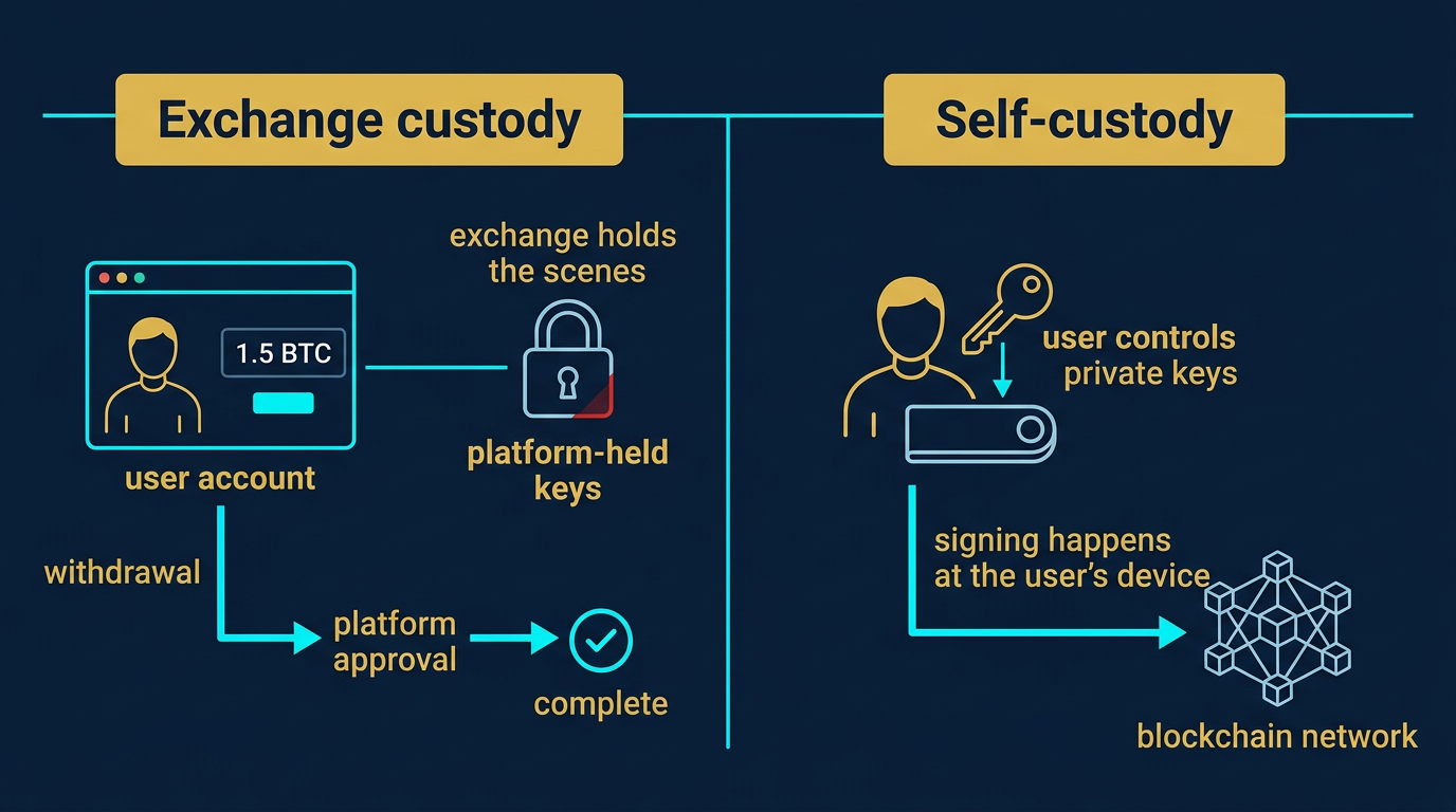 diagram showing exchange custody as account-level claim on platform-held keys versus self-custody where the user controls private keys directly