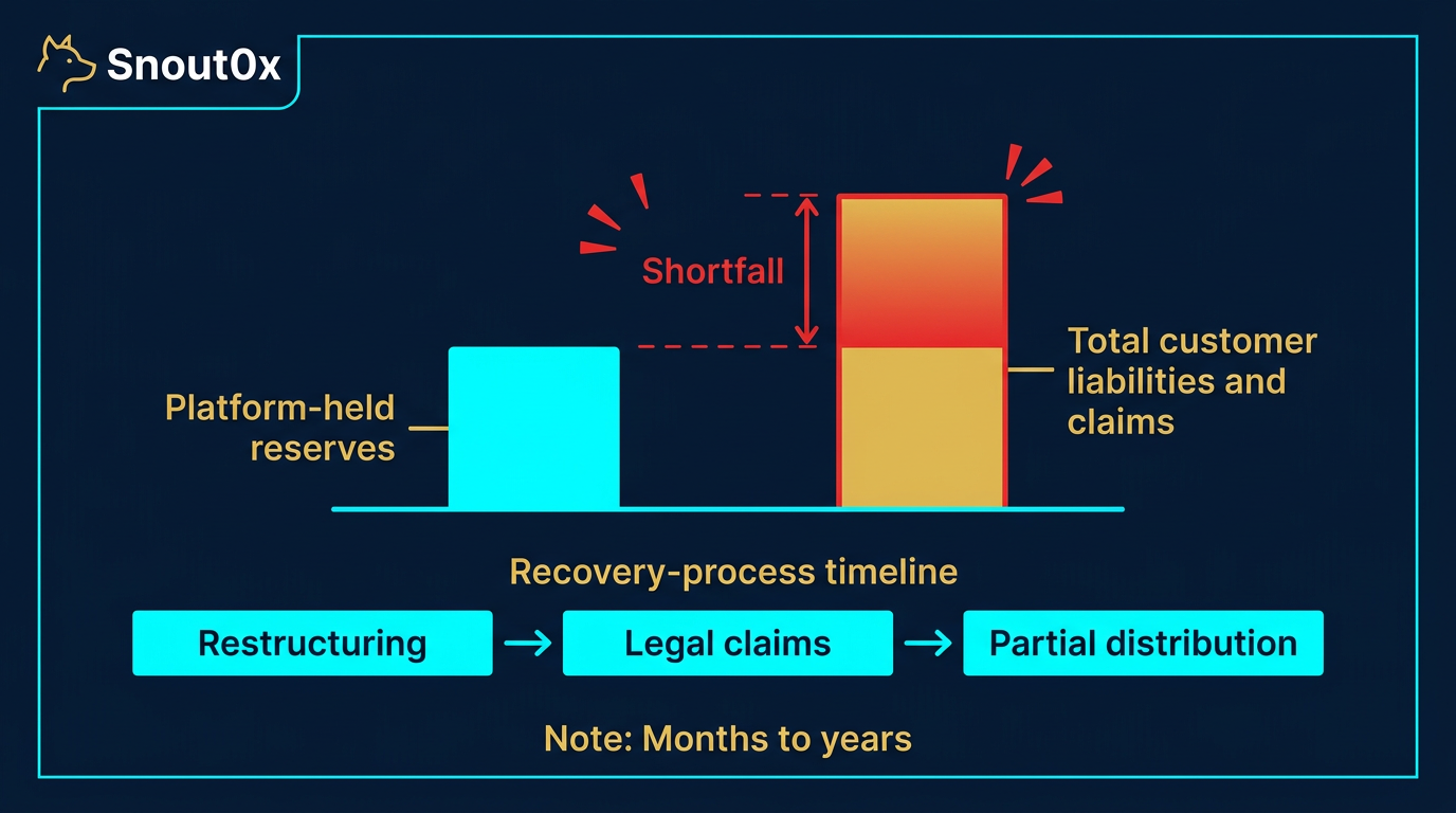 diagram showing exchange insolvency as a gap between platform-held reserves on one side and total customer liabilities and claims on the other with the recovery process timeline of restructuring legal claims and partial distribution stretching out over months or years