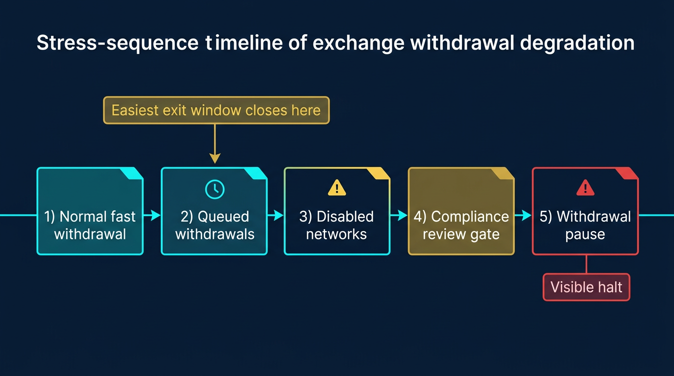 diagram showing the withdrawal stress sequence from a normal fast withdrawal flow into degraded states queued withdrawals disabled networks compliance review and pause as platform stress builds and the easiest exit window closes