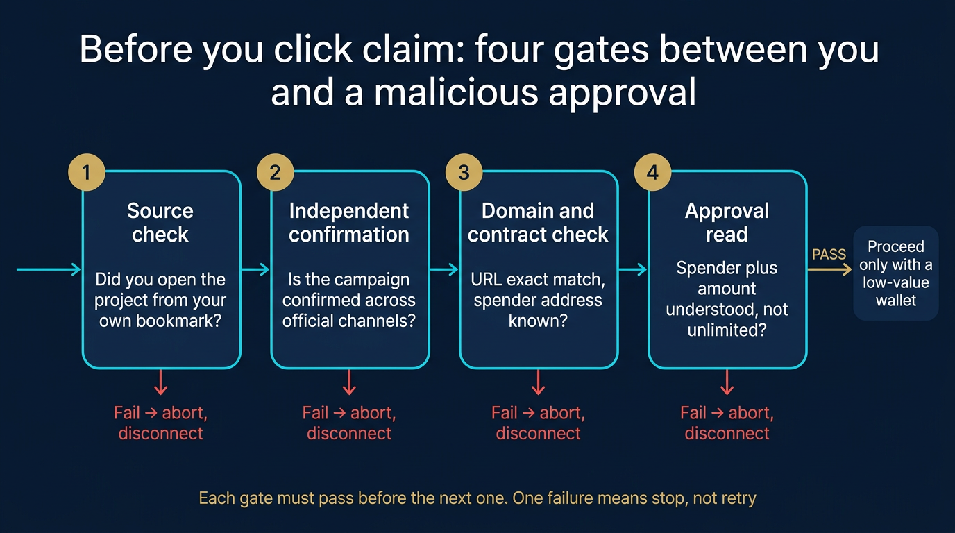 Pre-Claim Verification Gates: Four Checks Before You Connect Four sequential verification gates for fake airdrop defense covering source check, independent confirmation, domain and contract check, and approval read with abort branches at each stage