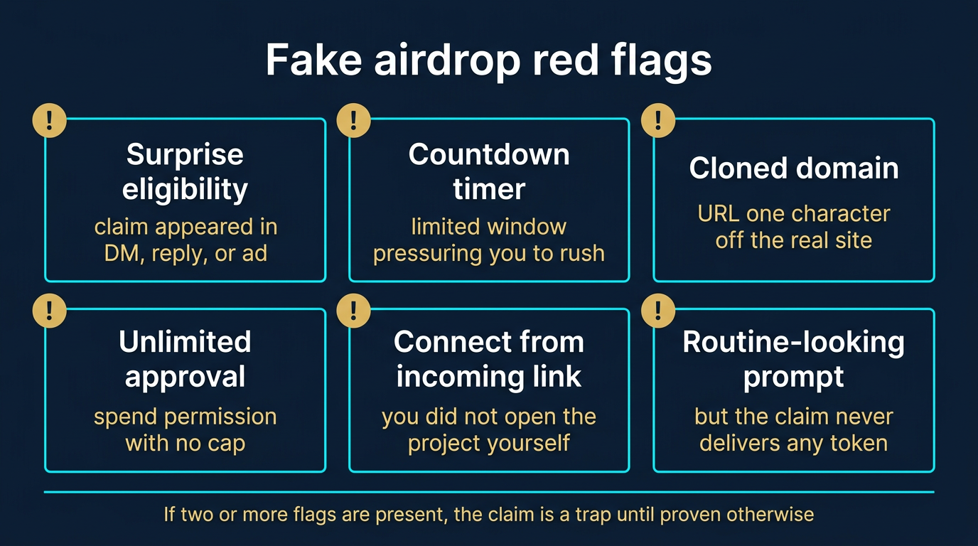 Fake Airdrop Red Flags: Six-Signal Warning Checklist Six-tile red-flag checklist for fake airdrop scams covering surprise eligibility, countdown timer, cloned domain, unlimited approval, connect from incoming link, and routine-looking prompt with no token delivery