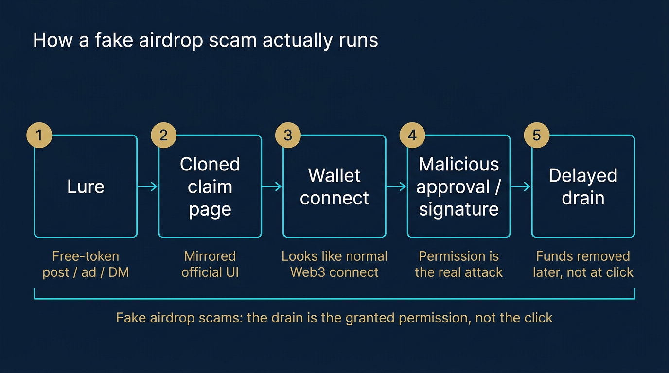 How a Fake Airdrop Scam Actually Runs: Five-Stage Attack Chain Five-stage attack chain diagram showing how a fake airdrop scam runs from initial lure through cloned claim page, wallet connect, malicious approval or signature, and a delayed wallet drain