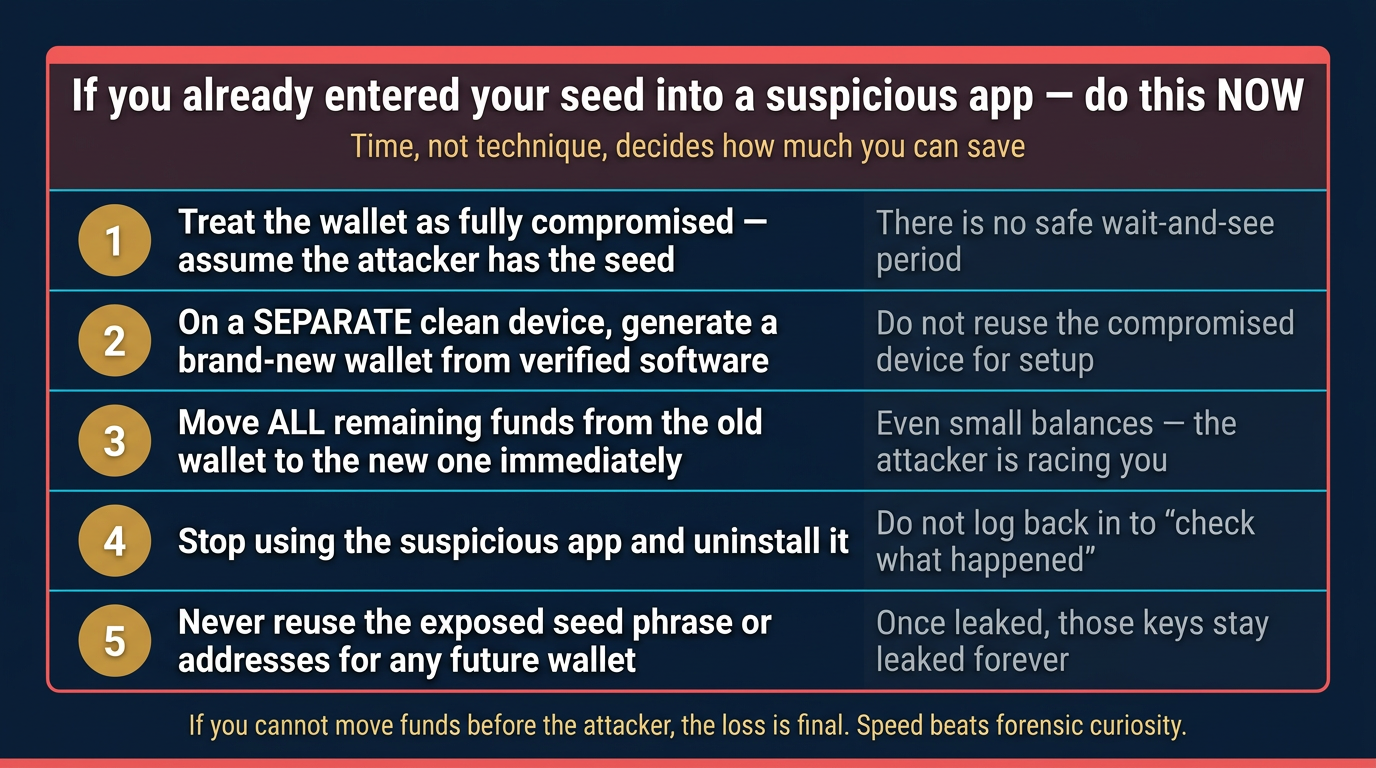 Vertical emergency containment action card titled if you already entered your seed into a suspicious app do this now listing five urgent steps: treat the wallet as fully compromised, generate a brand-new wallet from verified software on a separate clean device, move all remaining funds from the old wallet to the new one immediately, stop using the suspicious app and uninstall it, and never reuse the exposed seed phrase or addresses for any future wallet, each shown with a numbered gold badge and a short purpose