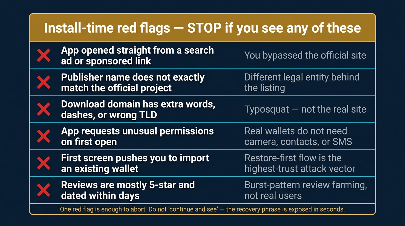 Vertical install-time red flags warning checklist card listing six hard red flags that should trigger an immediate stop when installing a crypto wallet app: opening the app from a search ad or sponsored link, a publisher name that does not exactly match the official project, a download domain with extra words or wrong TLD, the app requesting unusual permissions on first open, the first screen pushing the user to import an existing wallet, and reviews mostly five-star and dated within days, each shown with a red X icon and a short consequence