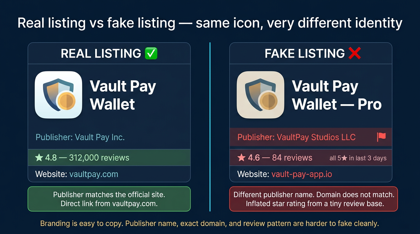 Side-by-side mock app store listing comparison using the same generic wallet brand on both sides showing a real listing on the left with a matching publisher name, a real domain, and a high review count from many users, versus a fake listing on the right with a slightly different publisher name, a typosquatted domain with extra words, and a small inflated star rating from a tiny burst of recent reviews flagged as suspicious
