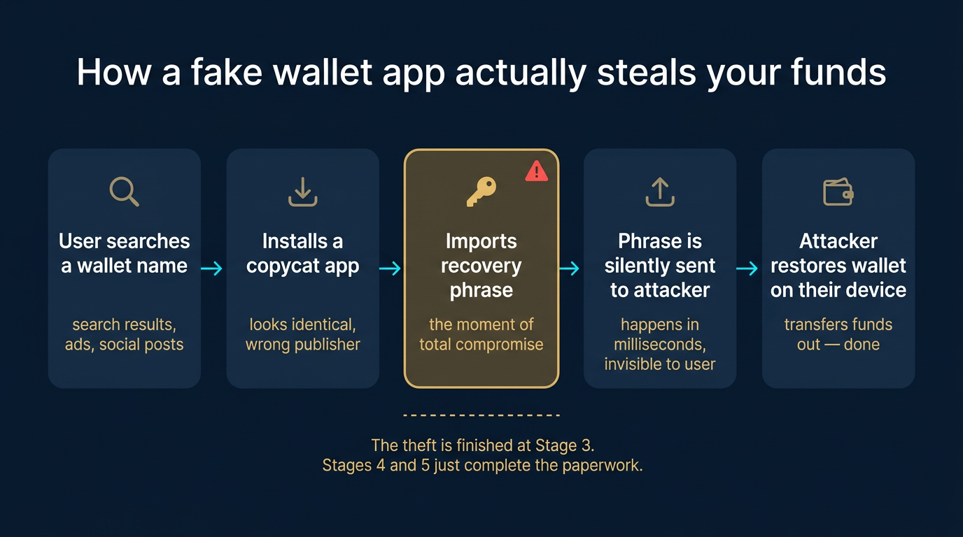 Horizontal five-stage theft mechanism flow diagram showing how a fake crypto wallet app steals funds from a user, starting with a search for a wallet name, then installing a copycat app, then importing the recovery phrase as the highlighted moment of total compromise, then the phrase being silently exfiltrated to the attacker, and finally the attacker restoring the wallet on their own device and transferring funds out