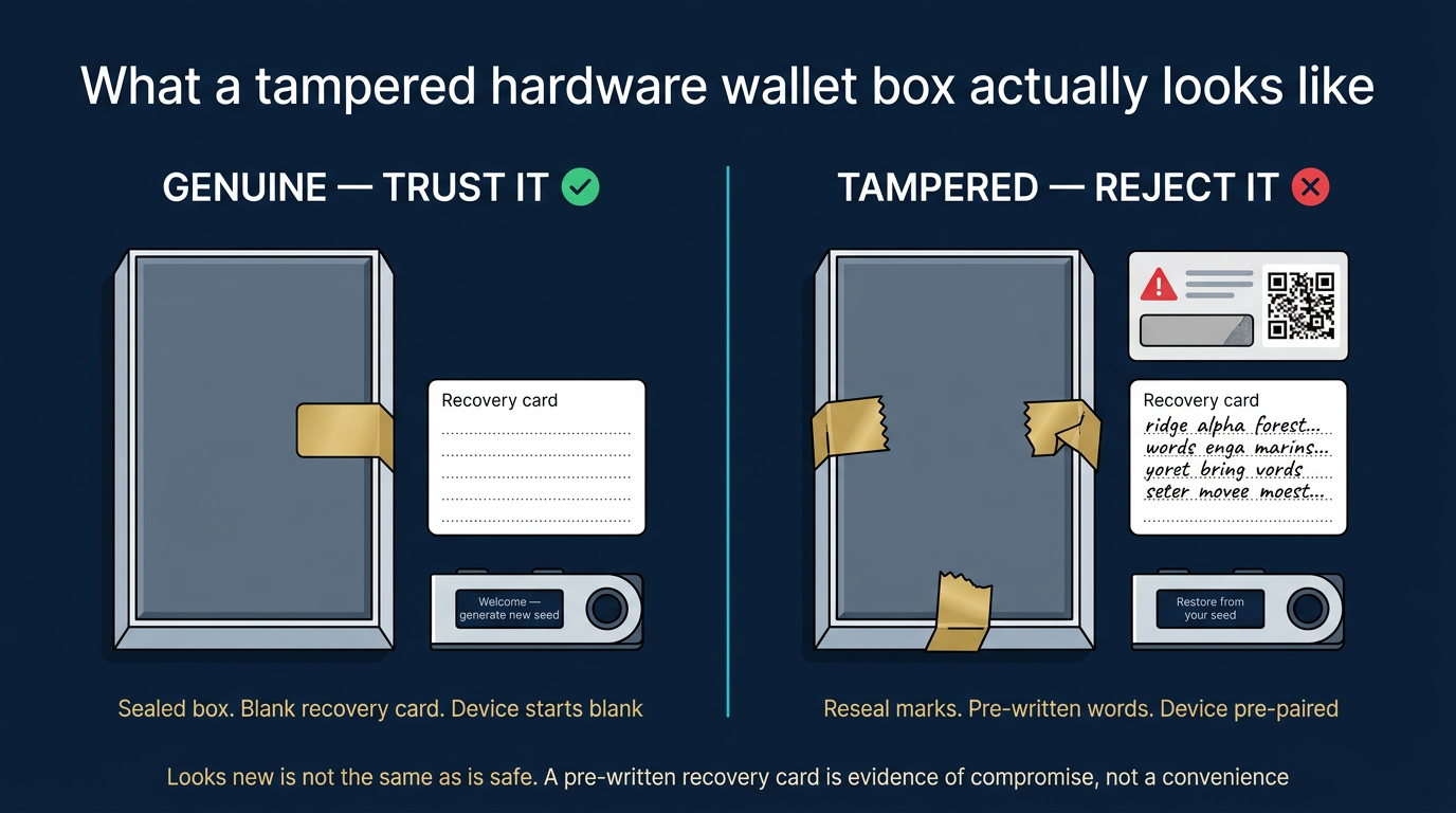 Side-by-side comparison of a genuine hardware wallet box on the left with intact factory seal a blank recovery card and a device showing a generate new seed prompt versus a tampered hardware wallet box on the right with reseal marks crooked tape a recovery card already filled in with handwritten words an unexpected QR code insert and a device showing a restore from your seed prompt