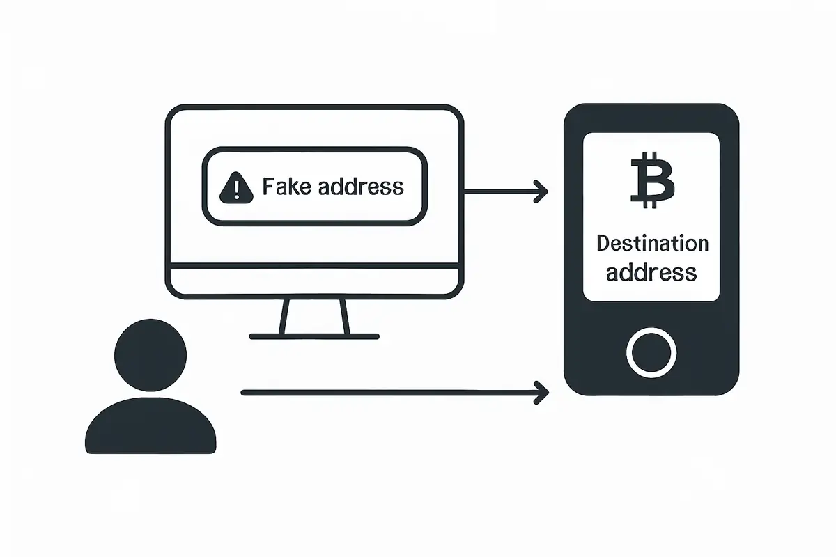 Hardware wallet screen as the trust boundary in transaction signing diagram showing how hardware wallet screen is the trust boundary between user and malware address substitution