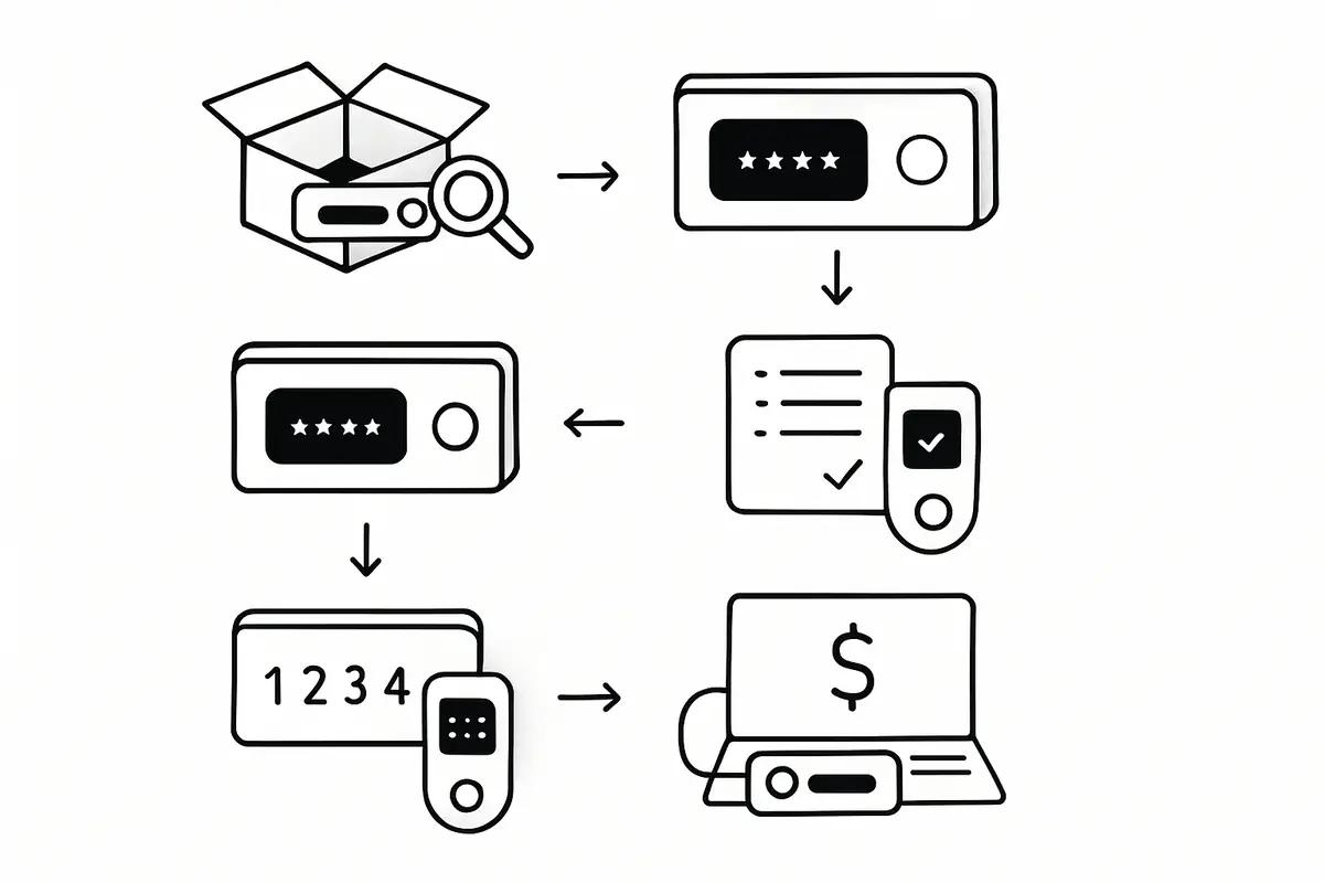 step-by-step diagram of the correct hardware wallet setup sequence from unboxing to first transaction