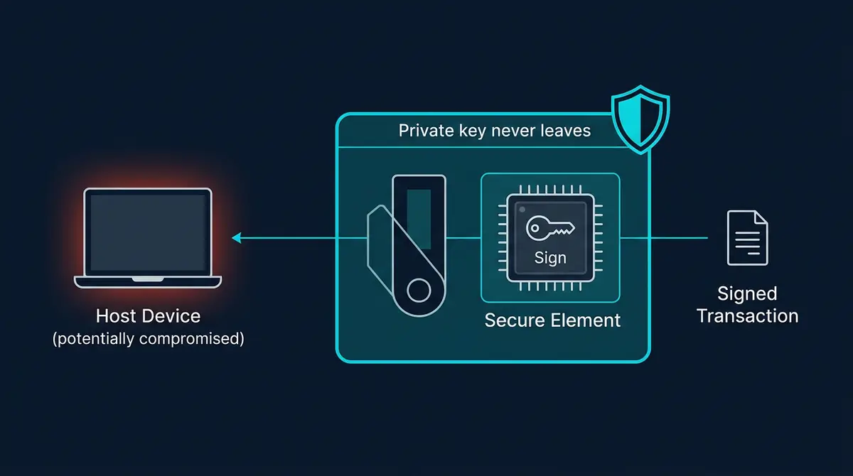 diagram showing signing operation isolated inside a hardware wallet secure element away from the host computer