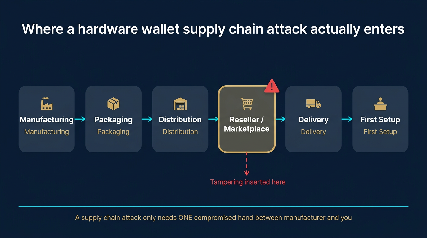 Horizontal six-stage supply-chain pipeline diagram showing manufacturing, packaging, distribution, reseller marketplace, delivery, and first setup with the reseller and marketplace stage flagged with a warm-gold border and a red warning triangle as the most common point where tampering is inserted