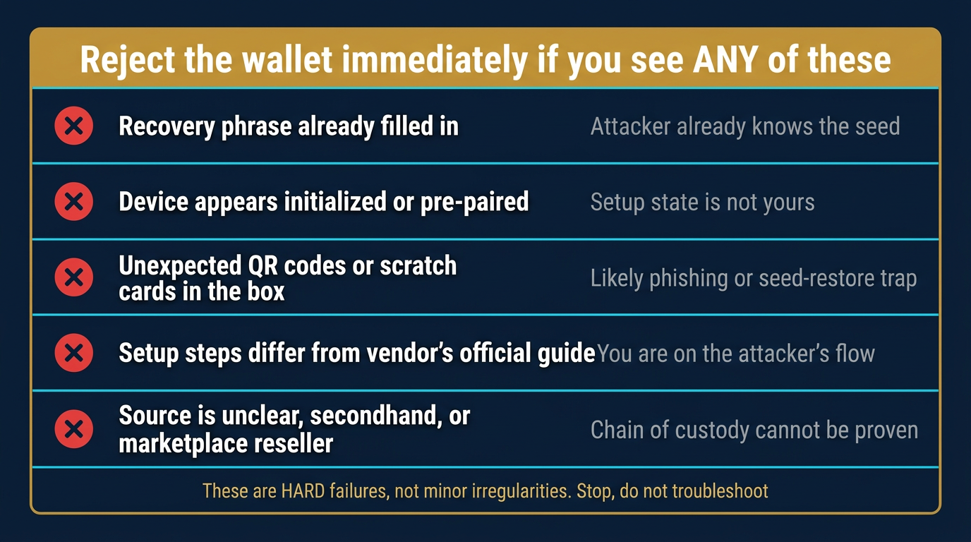 Vertical warning checklist card listing five hard red flags that should trigger immediate rejection of a hardware wallet including a recovery phrase already filled in a device that appears initialized or pre-paired unexpected QR codes or scratch cards in the box setup steps that differ from the vendor official guide and an unclear secondhand or marketplace reseller source each shown with a red X icon and a short consequence