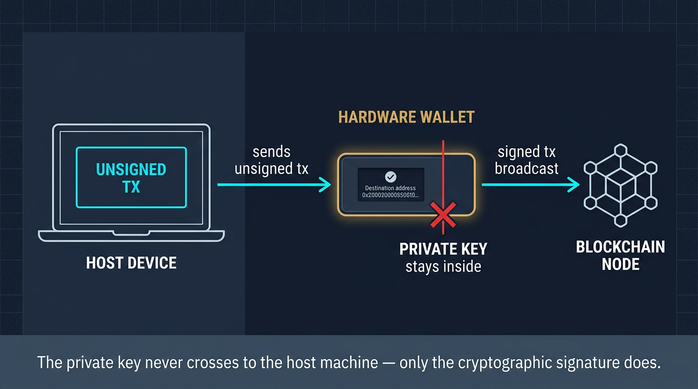Diagram showing hardware wallet transaction signing flow: computer prepares unsigned transaction, sends it to the hardware device, device shows details on its own screen and signs, signed transaction is broadcast to the blockchain