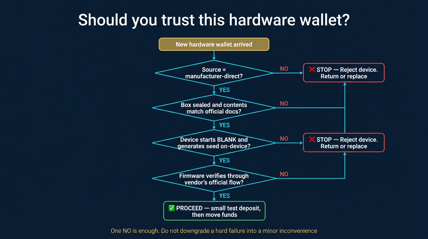 Vertical decision-tree flowchart titled should you trust this hardware wallet starting with a new hardware wallet arrived node and stepping through four diamond decisions about manufacturer-direct source sealed box and matching contents device starts blank and generates seed on-device and firmware verifies through the vendor official flow with any no answer routing to a red stop and reject device outcome and only an unbroken chain of yes answers reaching the green proceed with a small test deposit outcome