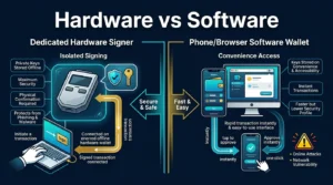 editorial diagram comparing a hardware wallet and software wallet by security and convenience