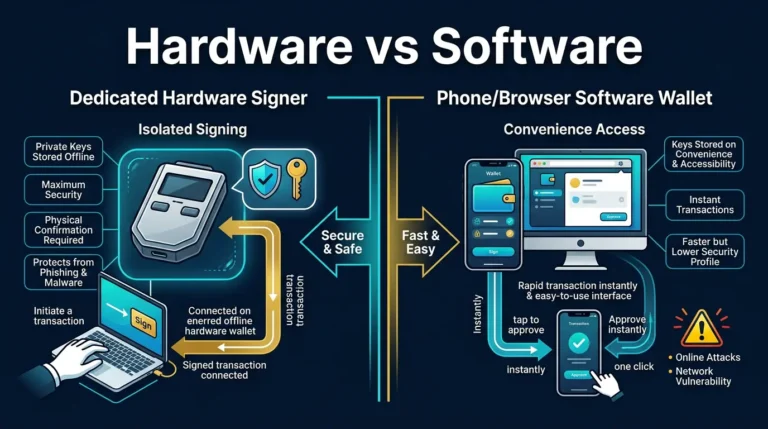 Hardware Wallet vs Software Wallet: Which Is Safer? 3 editorial diagram comparing a hardware wallet and software wallet by security and convenience