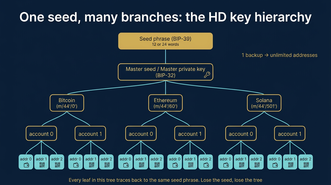 Vertical branching key-derivation tree diagram for an HD wallet showing one seed phrase deriving a master key that branches into Bitcoin, Ethereum, and Solana coin paths, each with multiple accounts, each with multiple addresses, illustrating exponential expansion from a single backup