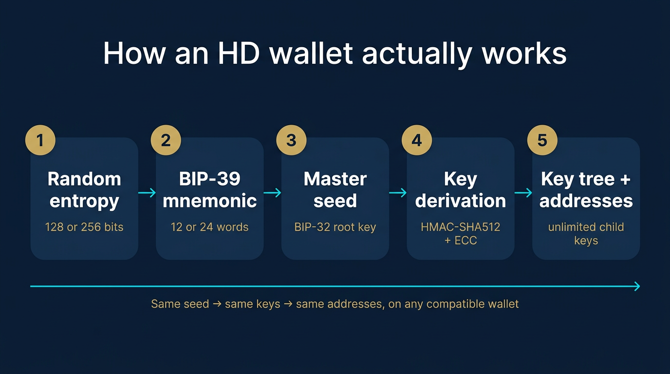 Five-stage horizontal mechanism flow diagram showing how an HD wallet works from random entropy through BIP-39 mnemonic generation, BIP-32 master seed creation, HMAC-SHA512 key derivation, and finally an unlimited tree of child keys and addresses