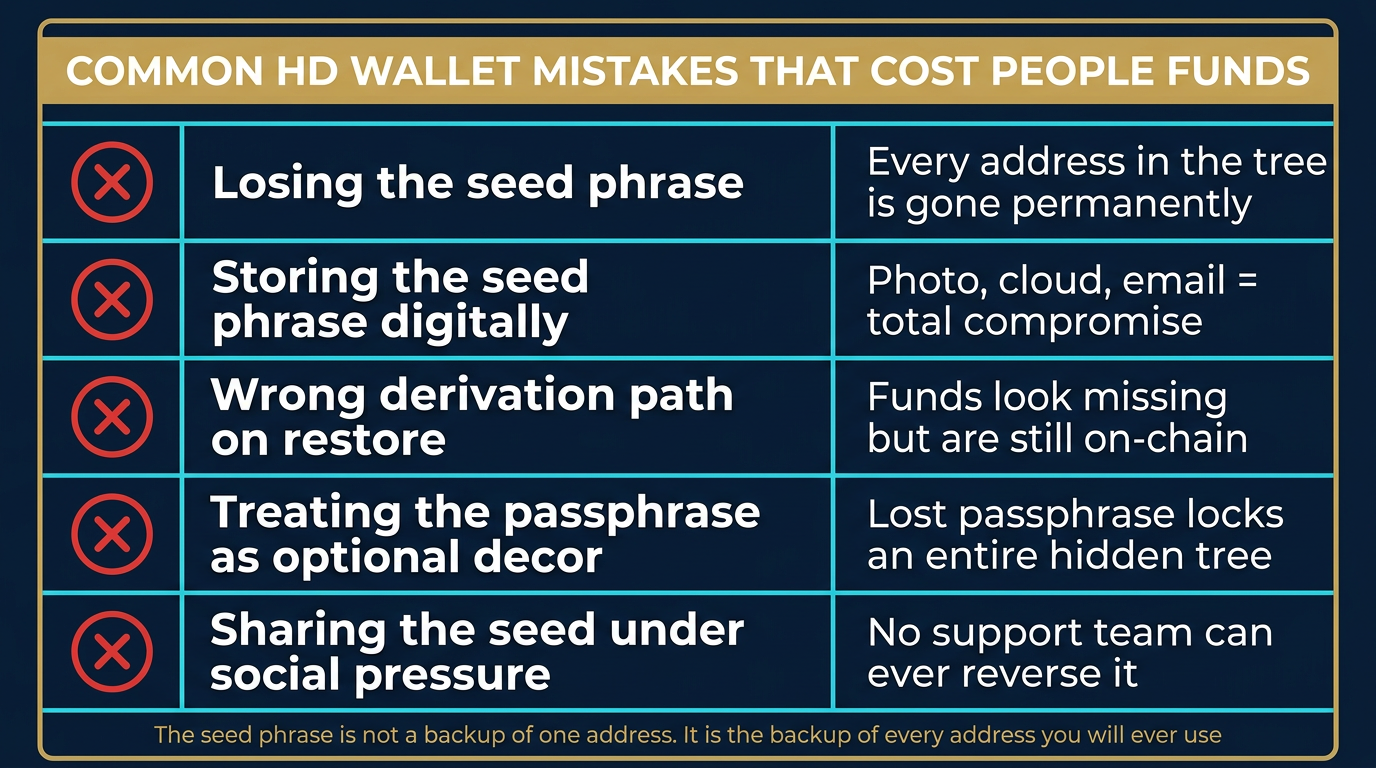 Vertical warning checklist card listing five common HD wallet mistakes including losing the seed phrase, storing the seed phrase digitally, restoring with the wrong derivation path, treating the optional passphrase as decor, and sharing the seed under social pressure, each with a short consequence