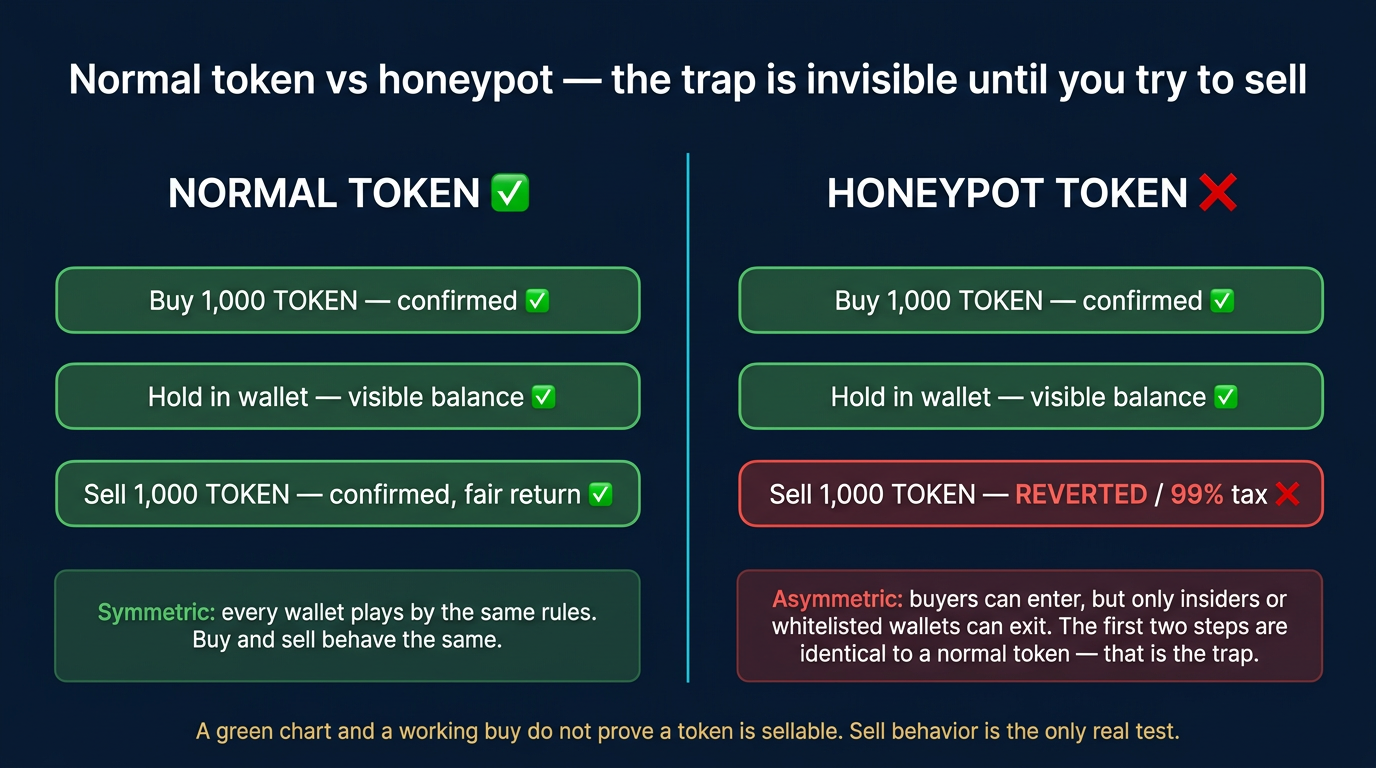 What Is a Crypto Honeypot? How Tokens Trap Buyers 3 Side-by-side behavior comparison of a normal token on the left and a honeypot token on the right, both showing identical green confirmed buy and hold transactions in the first two rows, but the third sell transaction is confirmed with a fair return for the normal token while the honeypot version is reverted or returns dust due to a near-total tax, illustrating that buy and hold behavior is identical between safe and trap tokens and only the sell behavior reveals the difference