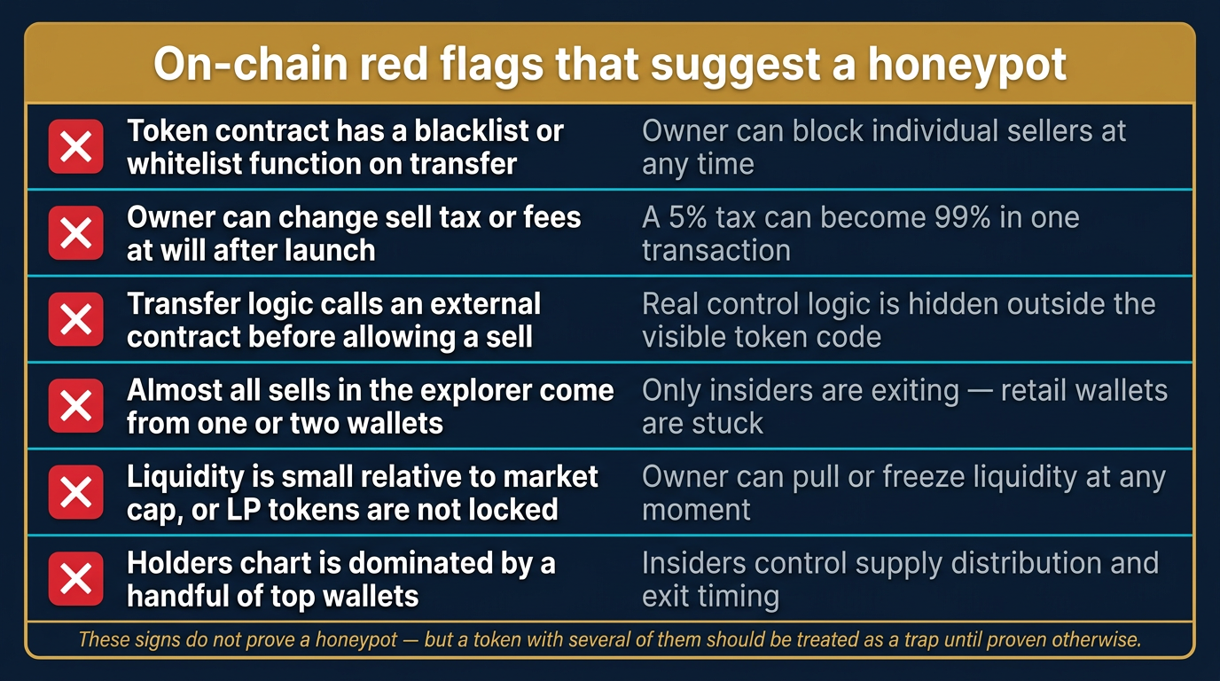 What Is a Crypto Honeypot? How Tokens Trap Buyers 4 Vertical on-chain red flags warning checklist card listing six signals that suggest a crypto honeypot: the token contract has a blacklist or whitelist function on transfer, the owner can change sell tax or fees at will after launch, transfer logic calls an external contract before allowing a sell, almost all sells in the explorer come from one or two wallets, liquidity is small relative to market cap or LP tokens are not locked, and the holders chart is dominated by a handful of top wallets, each shown with a red X icon and a short consequence