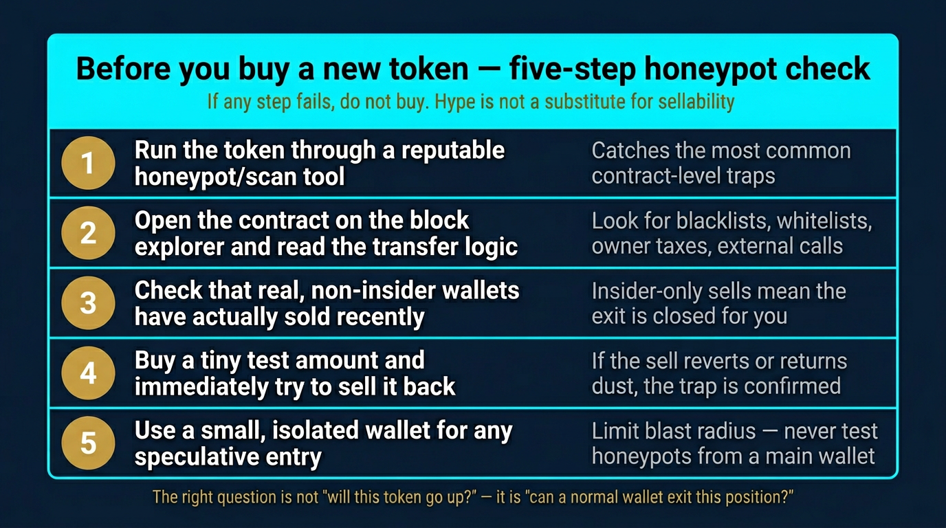 What Is a Crypto Honeypot? How Tokens Trap Buyers 5 Vertical numbered pre-buy verification action card titled before you buy a new token five-step honeypot check listing five steps: run the token through a reputable honeypot or scan tool, open the contract on the block explorer and read the transfer logic, check that real non-insider wallets have actually sold recently, buy a tiny test amount and immediately try to sell it back, and use a small isolated wallet for any speculative entry, each shown with a numbered gold badge and a short purpose