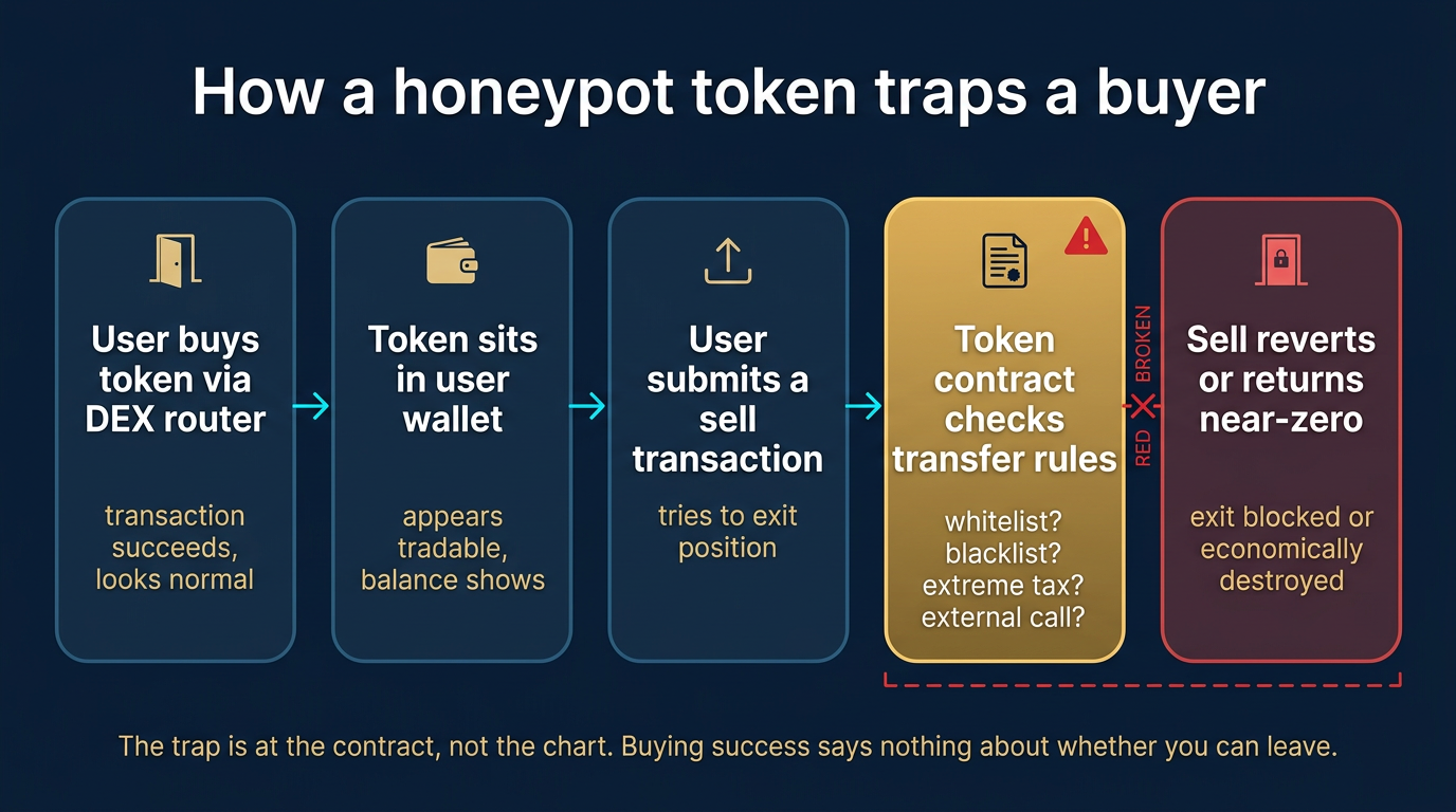 What Is a Crypto Honeypot? How Tokens Trap Buyers 2 Horizontal five-stage mechanism flow diagram showing how a crypto honeypot token traps a buyer, starting with the user buying the token via a DEX router with a successful transaction, then the token sitting in the user wallet with a visible balance, then the user submitting a sell transaction to exit the position, then the token contract checking transfer rules with the highlighted question of whitelist blacklist extreme tax or external call, and finally the sell reverting or returning near zero so the exit is blocked or economically destroyed