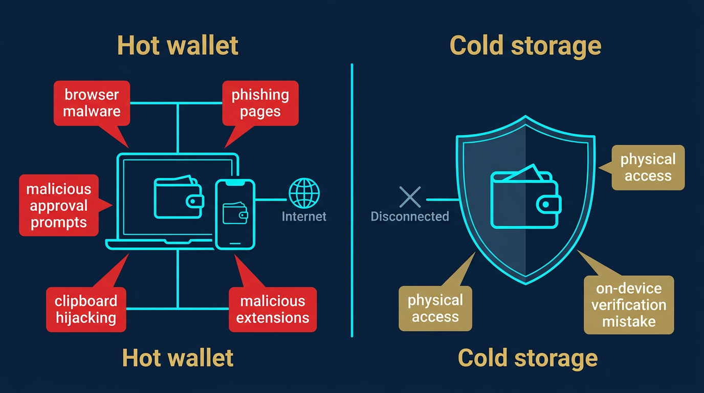 diagram comparing hot wallet attack surface across browser malware phishing and approval prompts versus cold storage attack surface limited to physical access and on-device verification
