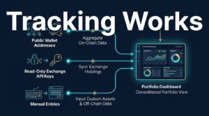 editorial diagram showing wallet addresses exchange api keys and manual entries feeding a crypto portfolio dashboard