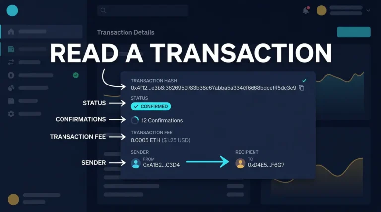 How to Read a Blockchain Transaction Step by Step 7 editorial dashboard illustration showing how to inspect status, confirmations, fee, and addresses on a crypto transaction page