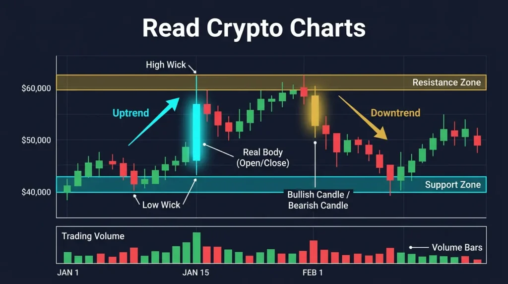 How to Read Crypto Charts: Candles, Trends, and Volume 1 educational graphic showing candlesticks trend arrows support resistance and volume on a crypto chart